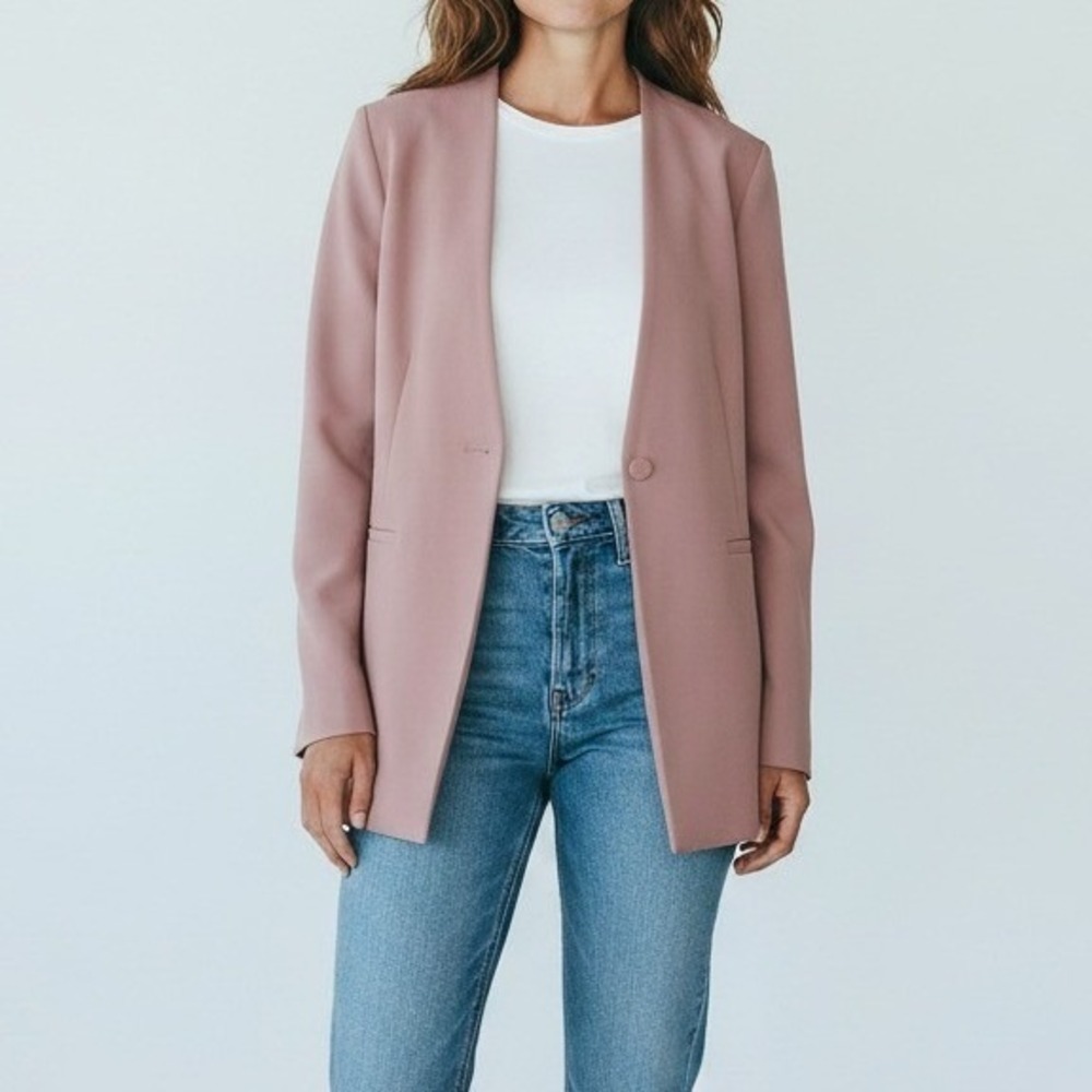 Minimalist Blazer 6‎ Dusty Rose Pink Longline Collarless Quiet Luxury Timeless
